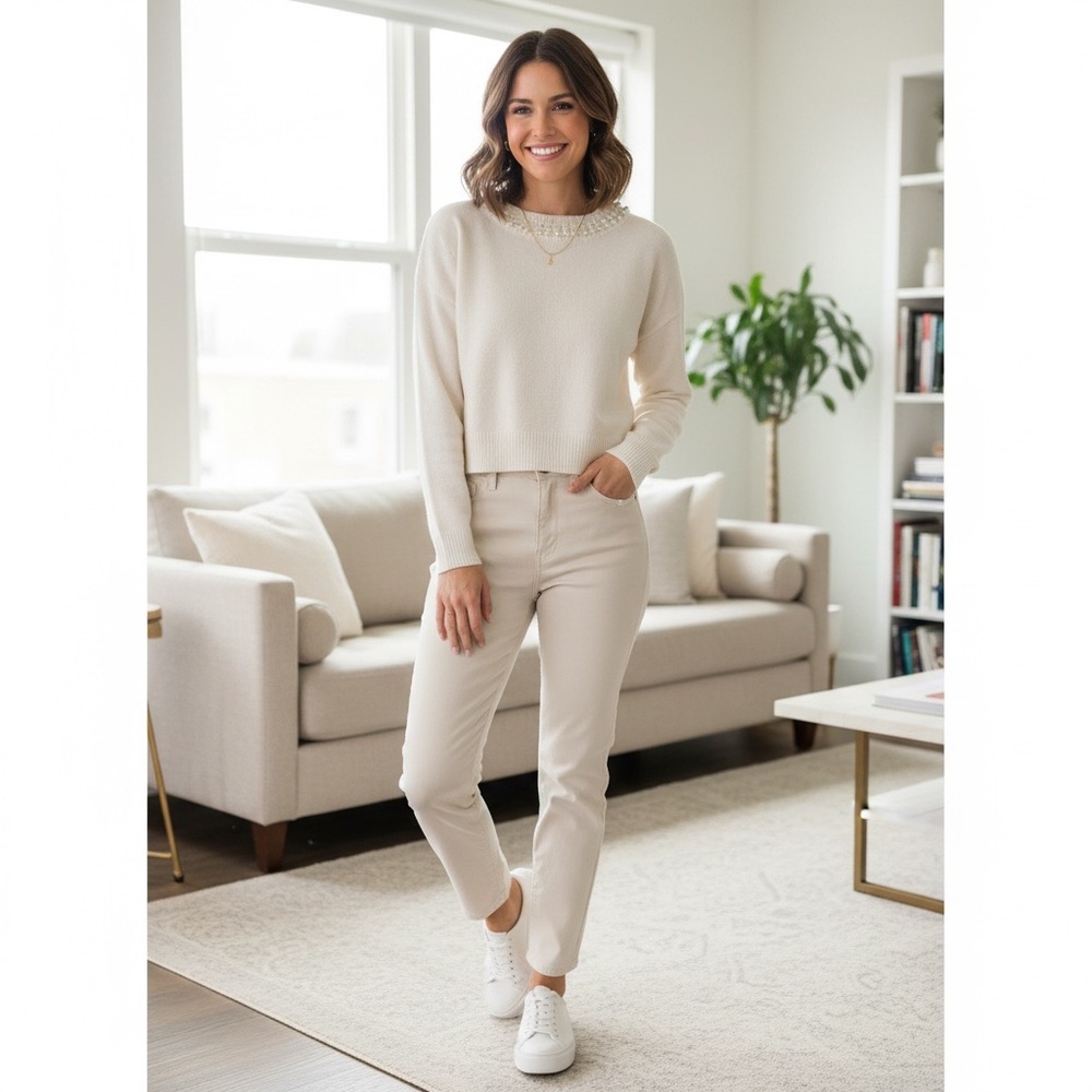 H&M Pearl-Embellished Cream Sweater NWOT